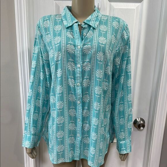TALBOTS PALM PRINT SHIRT. AQUA. - Picture 2 of 8